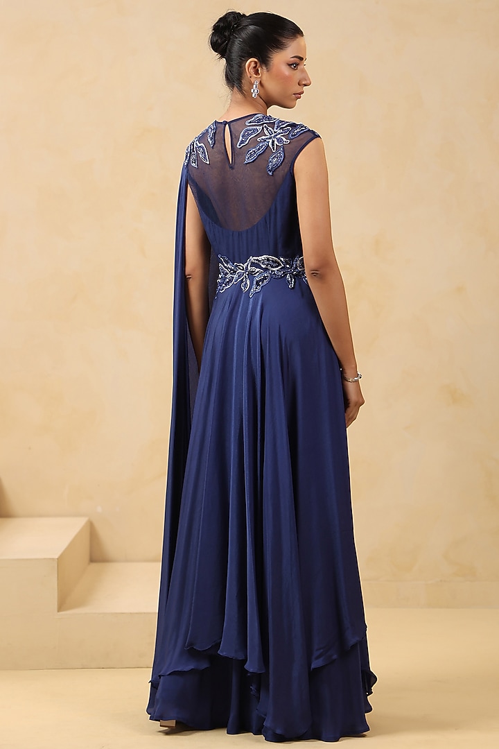 Royal Blue Crepe Applique Embroidered Draped Wedding Gown Saree by K-ANSHIKA Jaipur at Pernia's Pop Up Shop