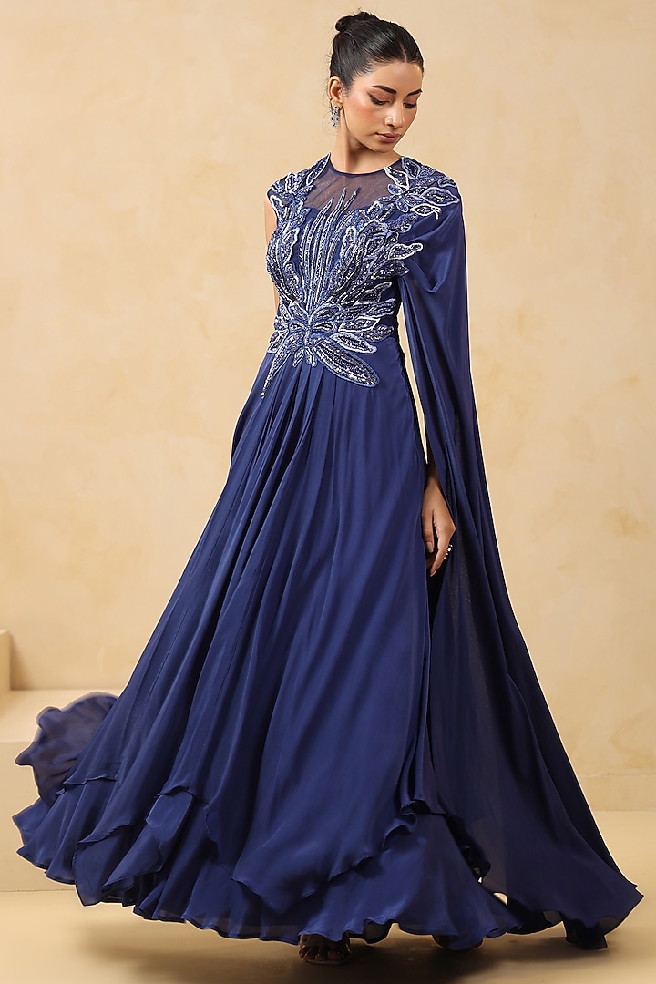 Royal Blue Crepe Applique Embroidered Draped Wedding Gown Saree by K-ANSHIKA Jaipur at Pernia's Pop Up Shop