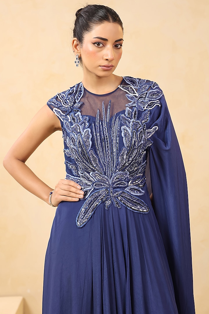 Royal Blue Crepe Applique Embroidered Draped Wedding Gown Saree by K-ANSHIKA Jaipur at Pernia's Pop Up Shop