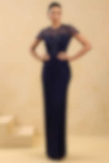Navy Blue Georgette Sequin Embellished Draped Party Wear Gown by K-ANSHIKA Jaipur at Pernia's Pop Up Shop