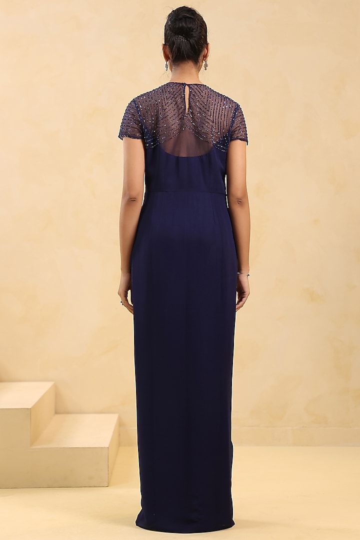 Navy Blue Georgette Sequin Embellished Draped Party Wear Gown by K-ANSHIKA Jaipur at Pernia's Pop Up Shop