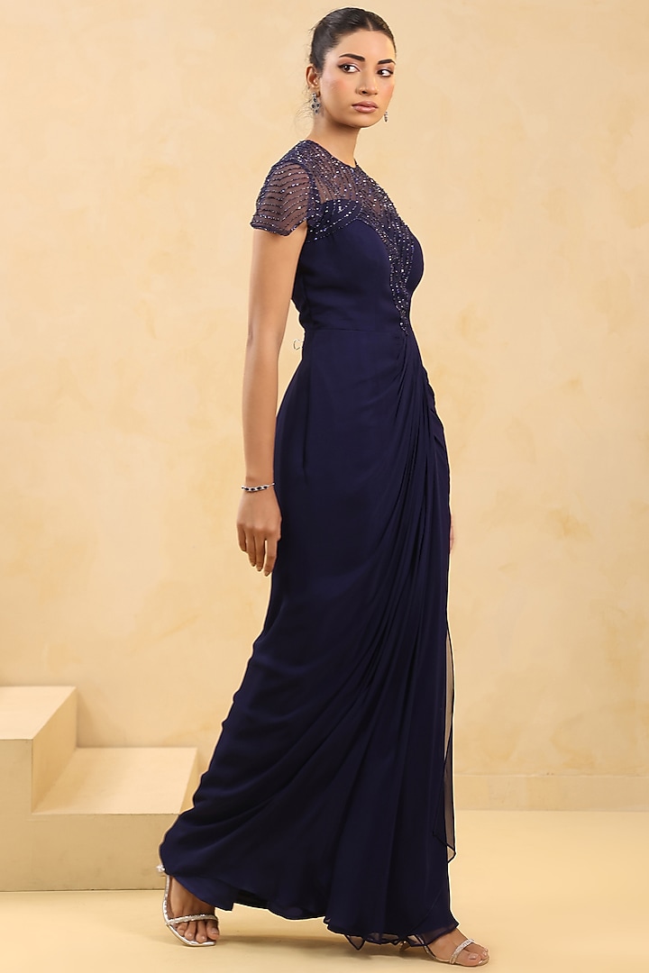 Navy Blue Georgette Sequin Embellished Draped Party Wear Gown by K-ANSHIKA Jaipur at Pernia's Pop Up Shop