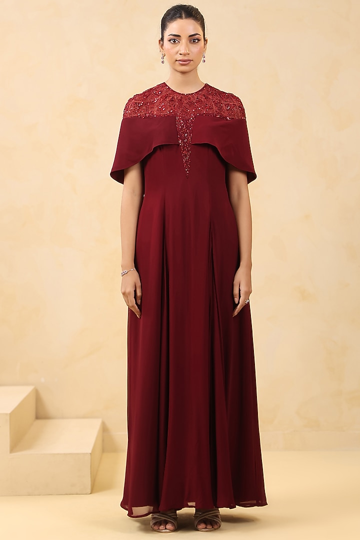 Maroon Georgette Sequin Embellished Draped Party Wear Gown by K-ANSHIKA Jaipur at Pernia's Pop Up Shop