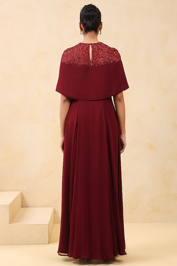 Maroon Georgette Sequin Embellished Draped Party Wear Gown by K-ANSHIKA Jaipur at Pernia's Pop Up Shop