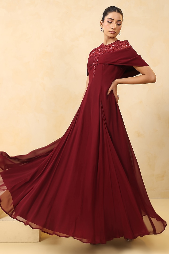 Maroon Georgette Sequin Embellished Draped Party Wear Gown by K-ANSHIKA Jaipur at Pernia's Pop Up Shop