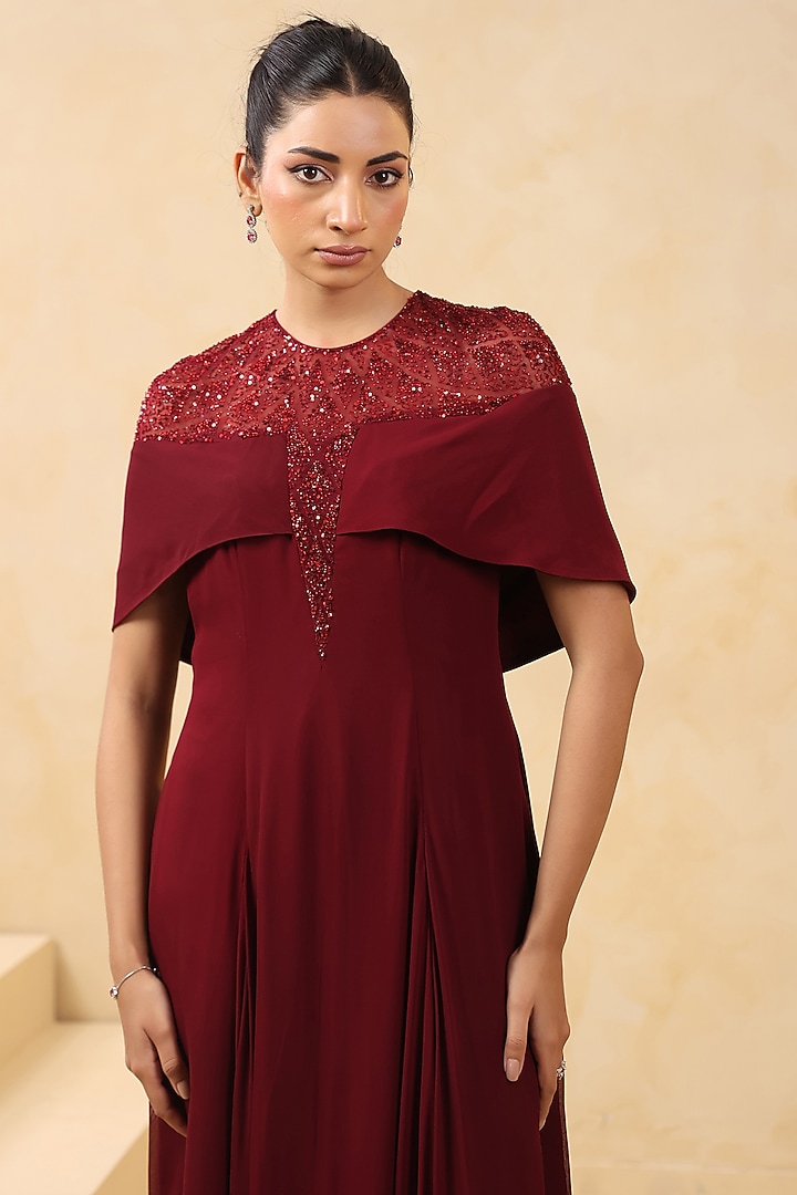Maroon Georgette Sequin Embellished Draped Party Wear Gown by K-ANSHIKA Jaipur at Pernia's Pop Up Shop