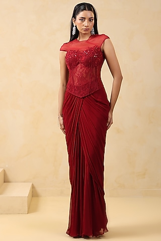 Maroon Georgette Draped Skirt Set by K-ANSHIKA Jaipur