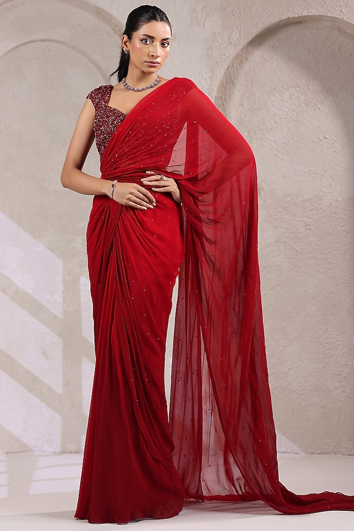 Maroon Georgette Draped Party Wear Saree Set by K-ANSHIKA Jaipur at Pernia's Pop Up Shop