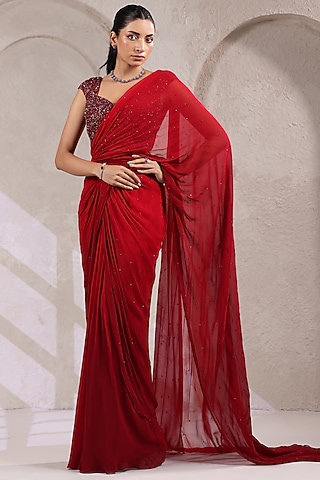 Maroon Georgette Draped Saree Set by K-ANSHIKA Jaipur
