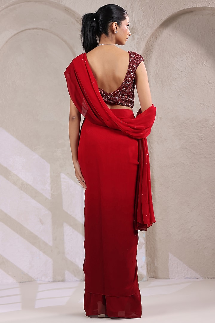 Maroon Georgette Draped Wedding Saree Set by K-ANSHIKA Jaipur at Pernia's Pop Up Shop
