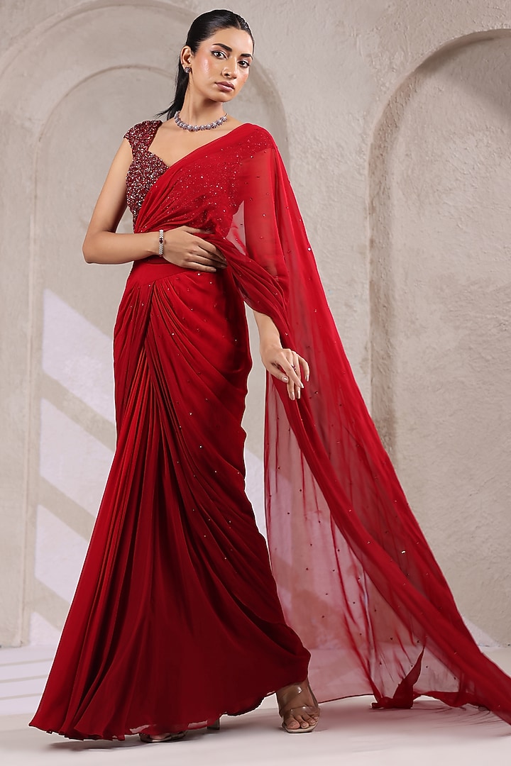 Maroon Georgette Draped Wedding Saree Set by K-ANSHIKA Jaipur at Pernia's Pop Up Shop