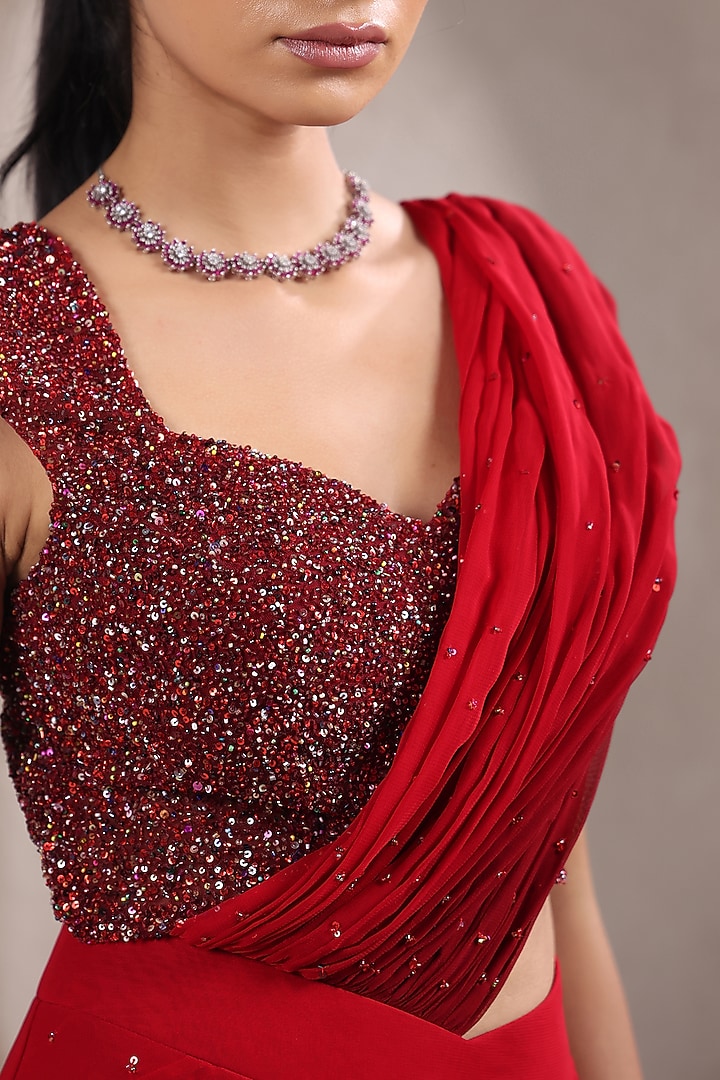 Maroon Georgette Draped Wedding Saree Set by K-ANSHIKA Jaipur at Pernia's Pop Up Shop