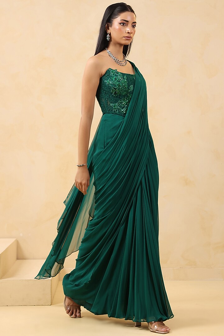 Emerald Green Georgette Party Wear Saree Set by K-ANSHIKA Jaipur at Pernia's Pop Up Shop