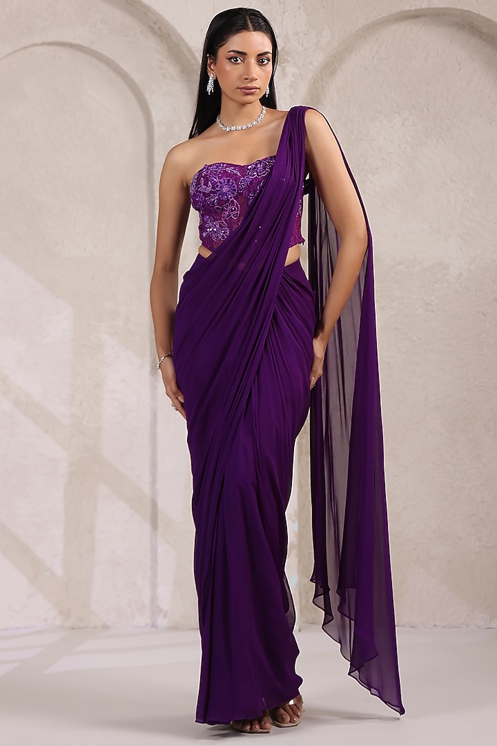 Purple Georgette Draped Party Wear Saree Set by K-ANSHIKA Jaipur at Pernia's Pop Up Shop