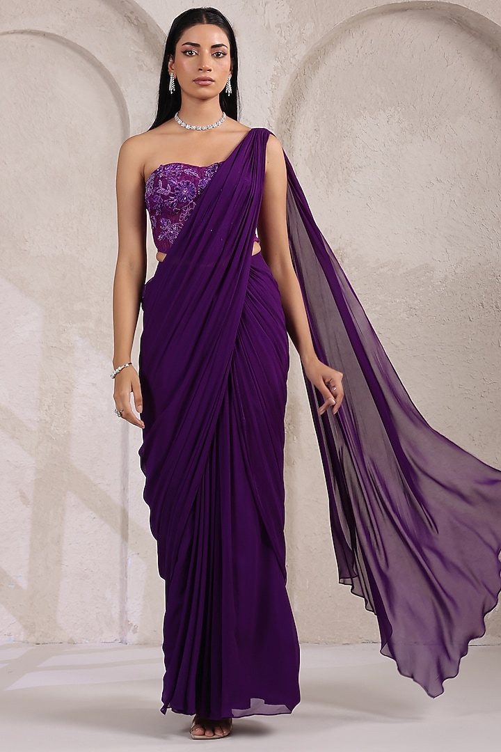 Purple Georgette Draped Party Wear Saree Set by K-ANSHIKA Jaipur at Pernia's Pop Up Shop