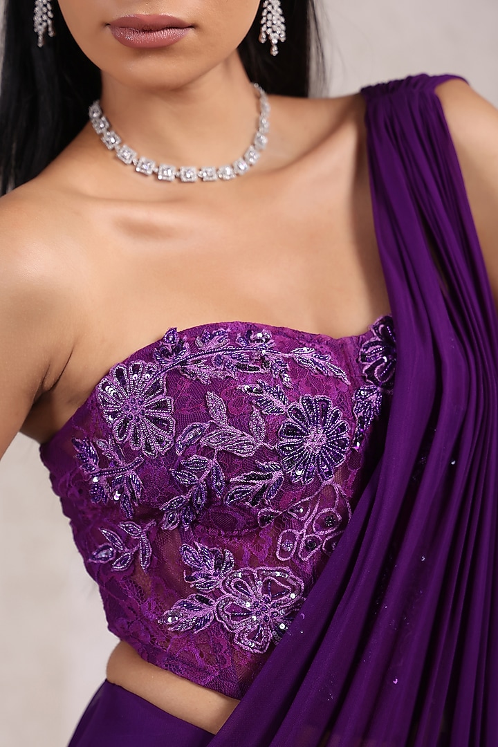 Purple Georgette Draped Party Wear Saree Set by K-ANSHIKA Jaipur at Pernia's Pop Up Shop