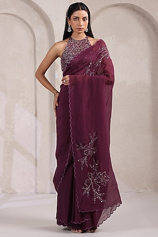 Wine Organza Saree Set by K-ANSHIKA Jaipur