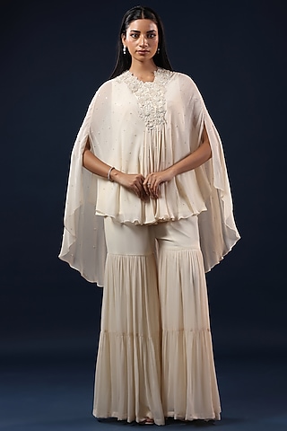 Off-White Georgette Flared Palazzo Set by K-ANSHIKA Jaipur