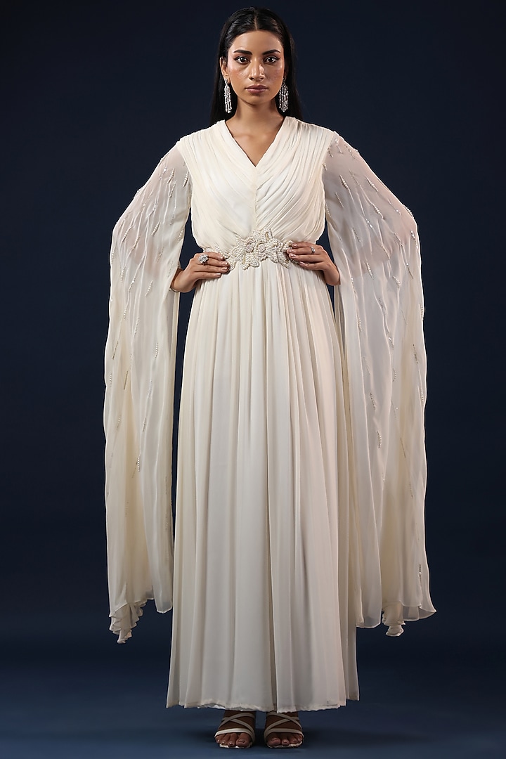 White Georgette Pearl Embellished Cape Party Wear Gown by K-ANSHIKA Jaipur at Pernia's Pop Up Shop