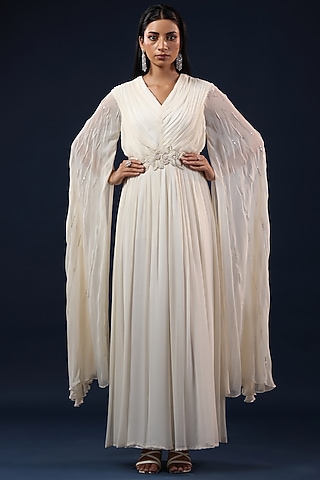 White Georgette Pearl Embellished Cape Gown by K-ANSHIKA Jaipur