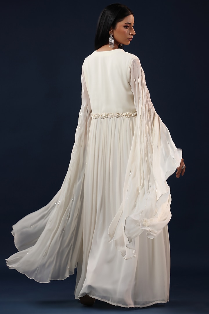 White Georgette Pearl Embellished Cape Engagement Gown by K-ANSHIKA Jaipur at Pernia's Pop Up Shop