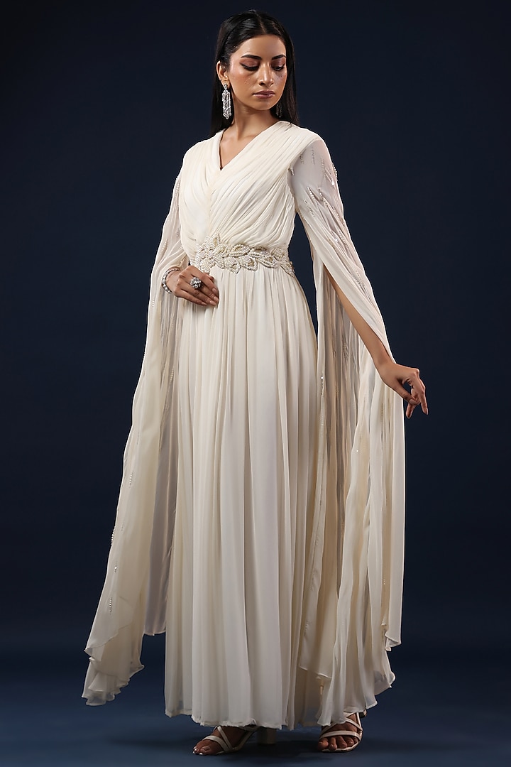 White Georgette Pearl Embellished Cape Engagement Gown by K-ANSHIKA Jaipur at Pernia's Pop Up Shop