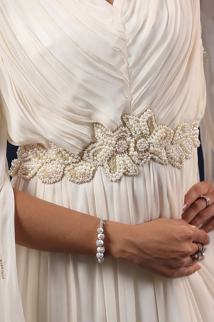White Georgette Pearl Embellished Cape Engagement Gown by K-ANSHIKA Jaipur at Pernia's Pop Up Shop