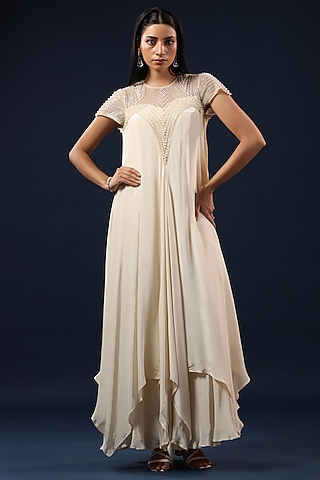 Off-White Crepe Pearl Embellished Gown by K-ANSHIKA Jaipur