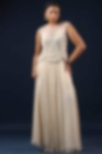 Off-White Georgette Pearl Embellished Peplum Engagement Gown by K-ANSHIKA Jaipur at Pernia's Pop Up Shop