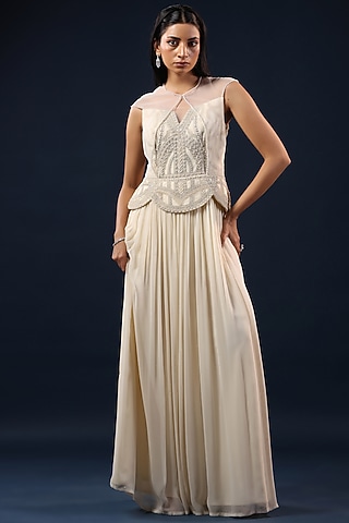 Off-White Georgette Pearl Embellished Peplum Gown by K-ANSHIKA Jaipur