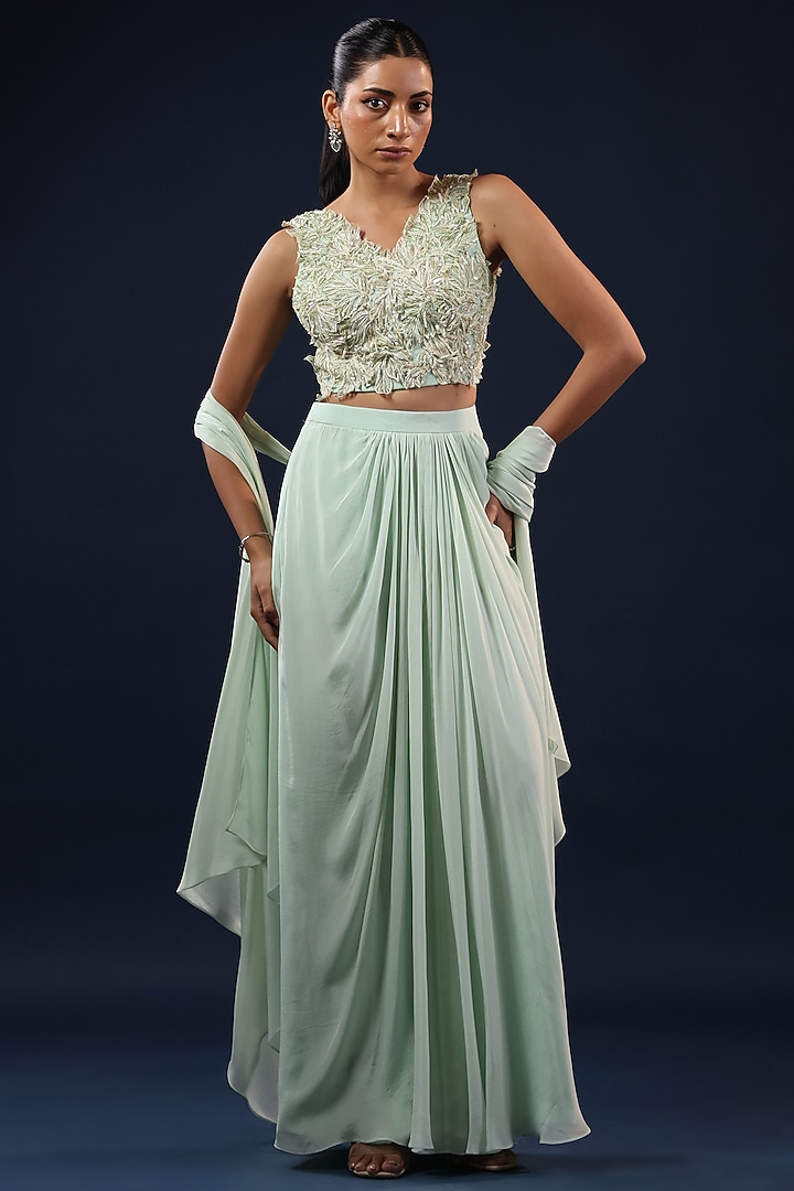 Aqua Crepe Skirt Set by K-ANSHIKA Jaipur at Pernia's Pop Up Shop