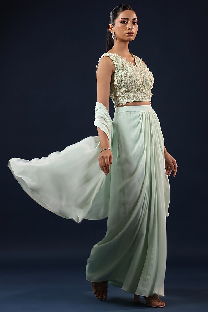 Aqua Crepe Skirt Set by K-ANSHIKA Jaipur at Pernia's Pop Up Shop
