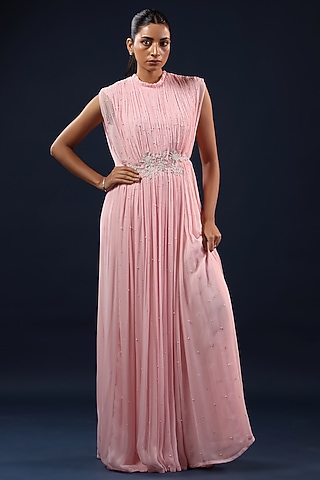 Pink Georgette Sequin Embellished Pleated Gown by K-ANSHIKA Jaipur