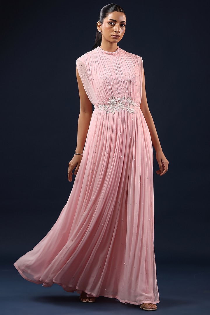 Pink Georgette Sequin Embellished Pleated Party Wear Gown by K-ANSHIKA Jaipur at Pernia's Pop Up Shop