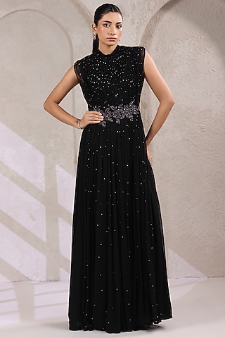 Black Georgette Sequin Embellished Gown by K-ANSHIKA Jaipur