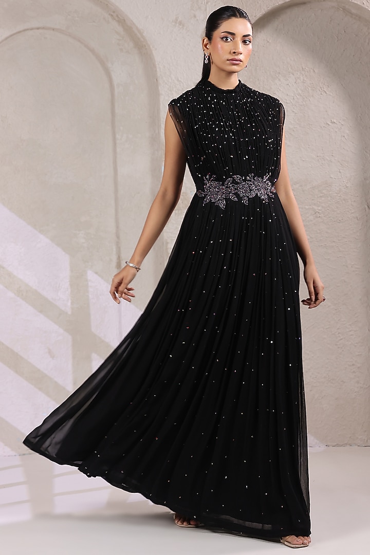 Black Georgette Sequin Embellished Party Wear Gown by K-ANSHIKA Jaipur at Pernia's Pop Up Shop