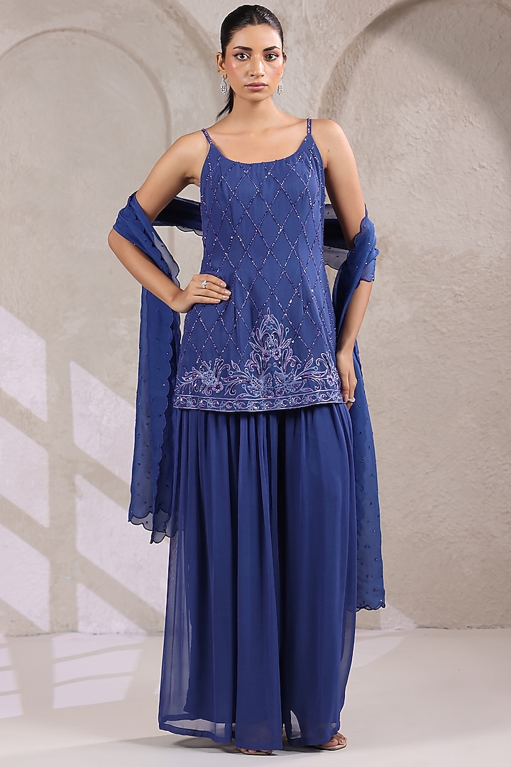 Twilight Blue Georgette Party Wear Sharara Set by K-ANSHIKA Jaipur at Pernia's Pop Up Shop