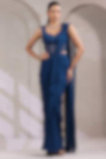 Midnight Teal Blue Georgette Draped Party Wear Saree Set by K-ANSHIKA Jaipur at Pernia's Pop Up Shop