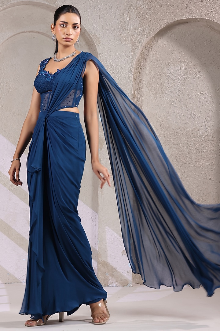 Midnight Teal Blue Georgette Draped Party Wear Saree Set by K-ANSHIKA Jaipur at Pernia's Pop Up Shop