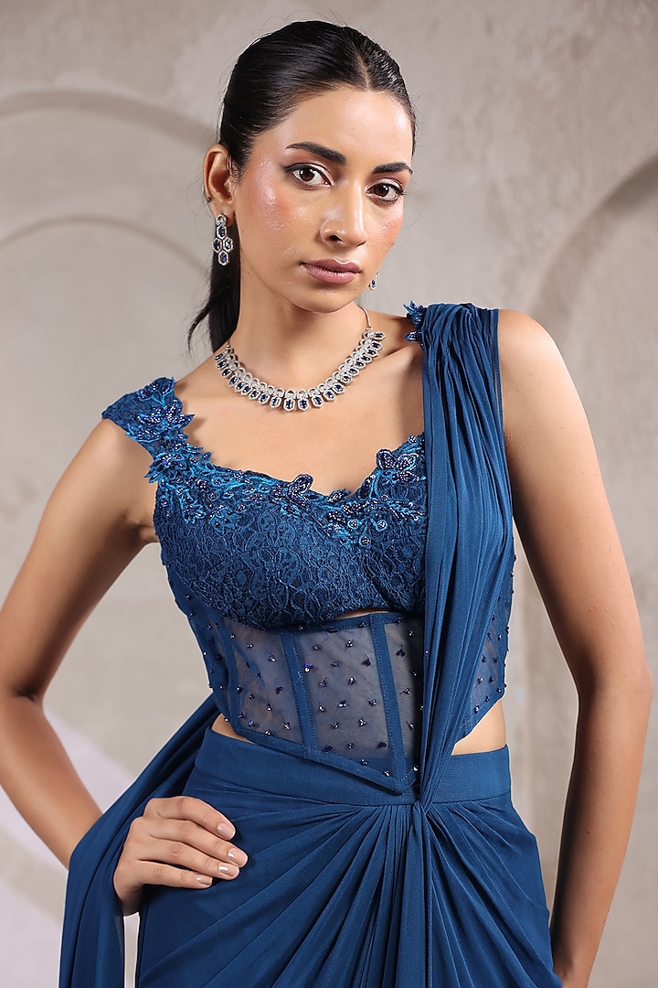 Midnight Teal Blue Georgette Draped Party Wear Saree Set by K-ANSHIKA Jaipur at Pernia's Pop Up Shop