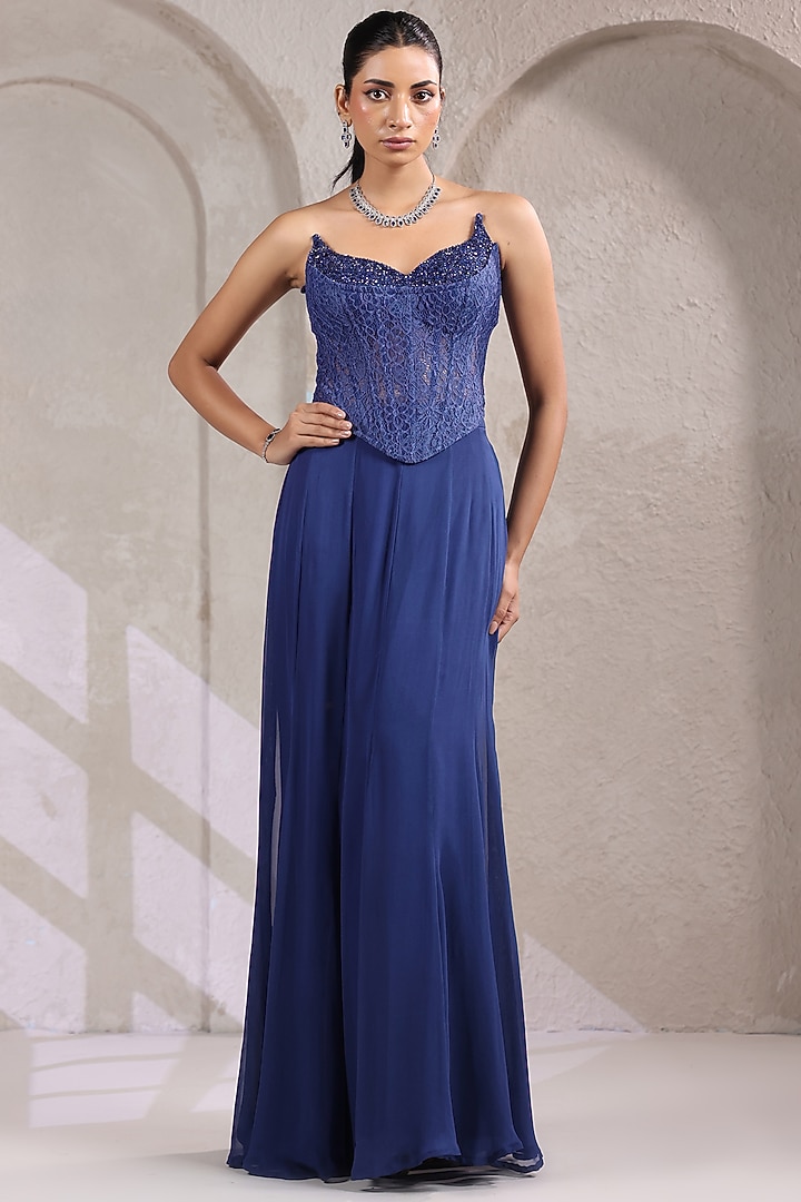 Royal Blue Georgette Skirt Set by K-ANSHIKA Jaipur at Pernia's Pop Up Shop