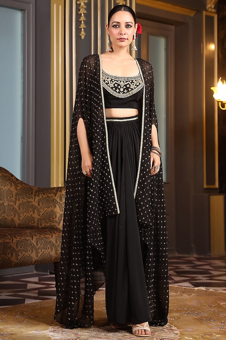 Black Georgette Sequins Work Jacket Set by K-ANSHIKA Jaipur at Pernia's Pop Up Shop