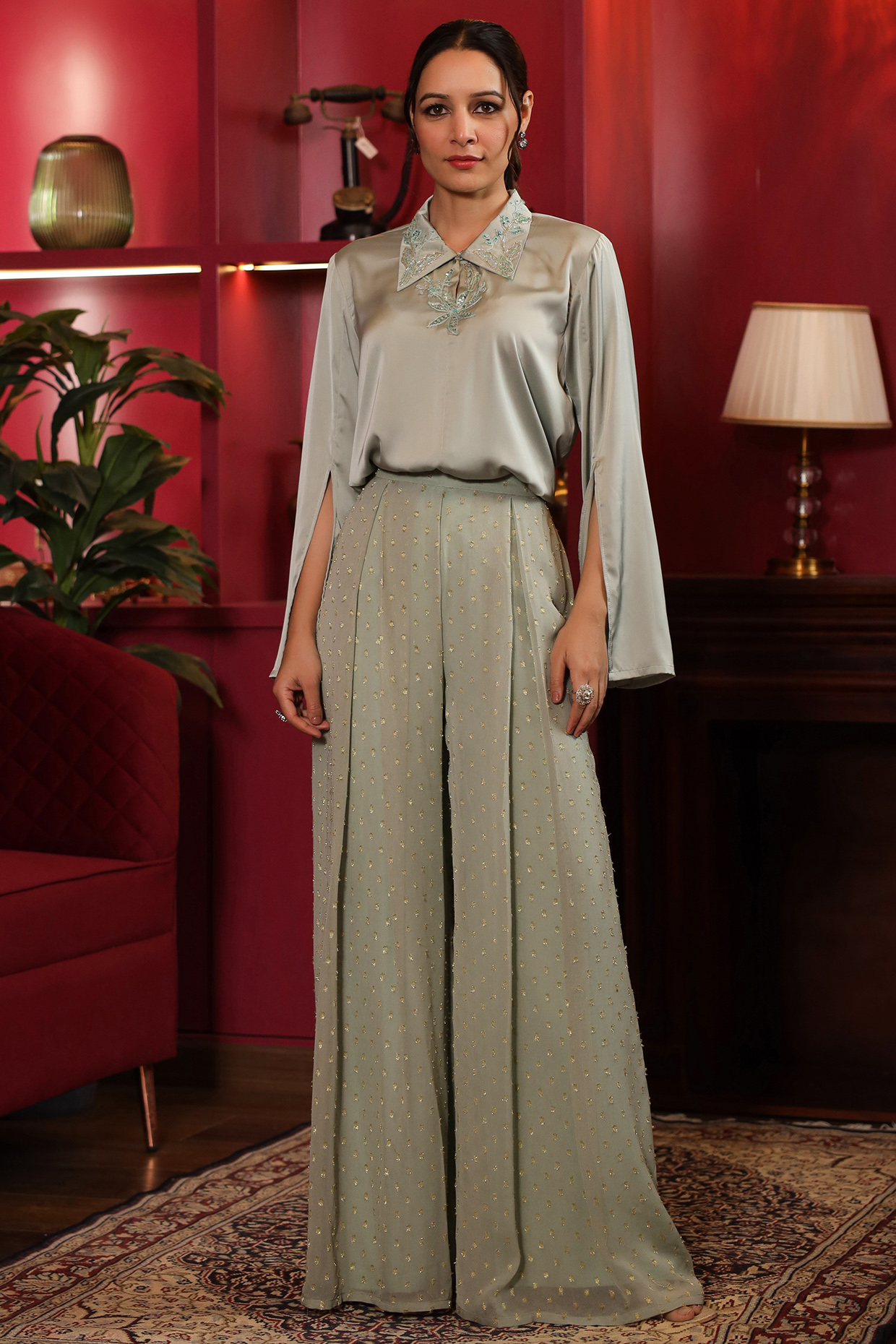 Sage Green Georgette Pant Set by K-ANSHIKA Jaipur at Pernia's Pop Up Shop