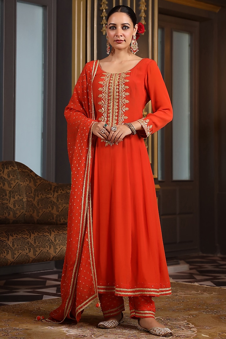 Orange Natural Crepe Zari & Dori Embroidered Party Wear Anarkali Set by K-ANSHIKA Jaipur at Pernia's Pop Up Shop