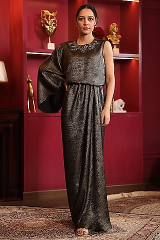 Black Shimmer Satin Tunic by K-ANSHIKA Jaipur
