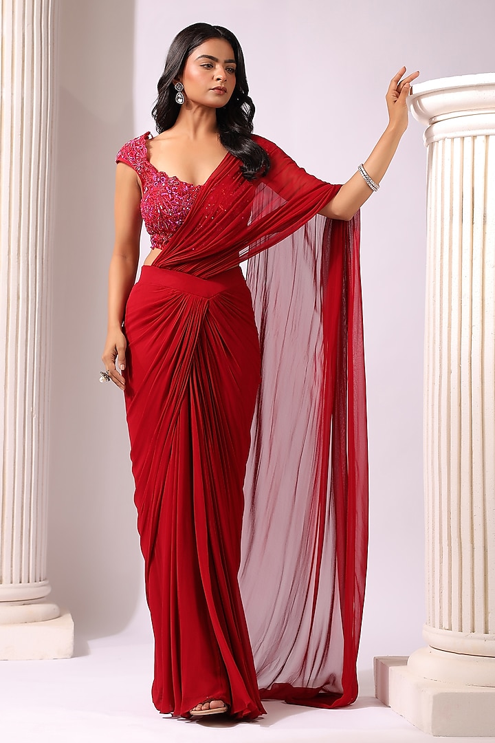 Maroon Georgette Draped Saree Set by K-ANSHIKA Jaipur at Pernia's Pop Up Shop