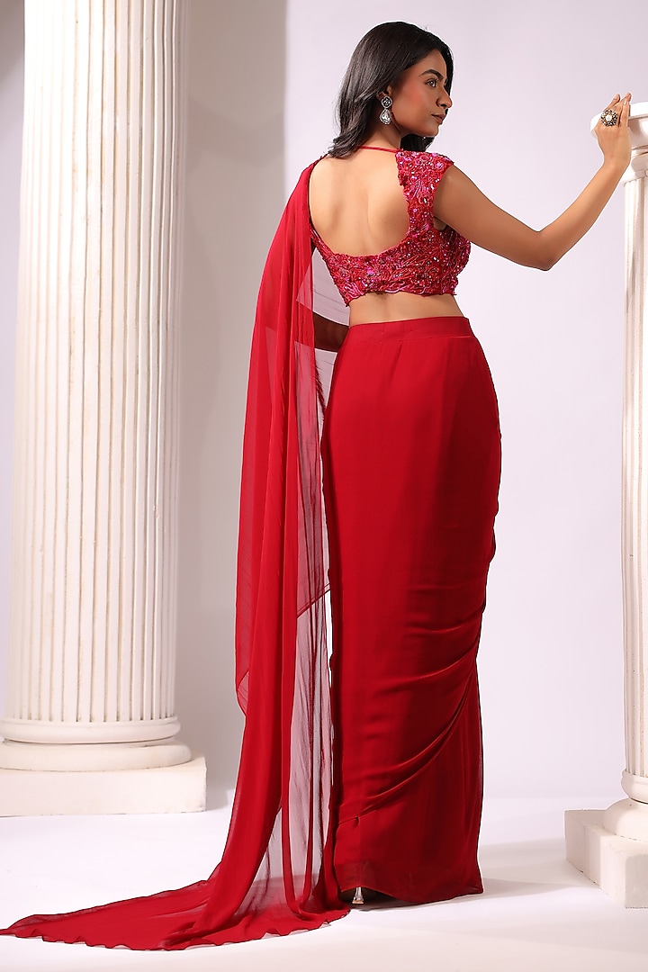 Maroon Georgette Draped Wedding Saree Set by K-ANSHIKA Jaipur at Pernia's Pop Up Shop