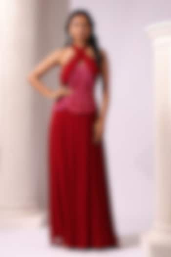 Red Georgette Sequins Embroidered Draped Gown by K-ANSHIKA Jaipur at Pernia's Pop Up Shop