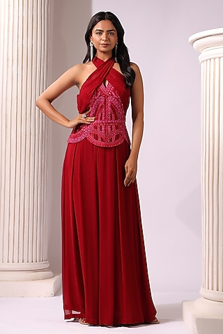 Red Georgette Sequins Embroidered Draped Gown by K-ANSHIKA Jaipur