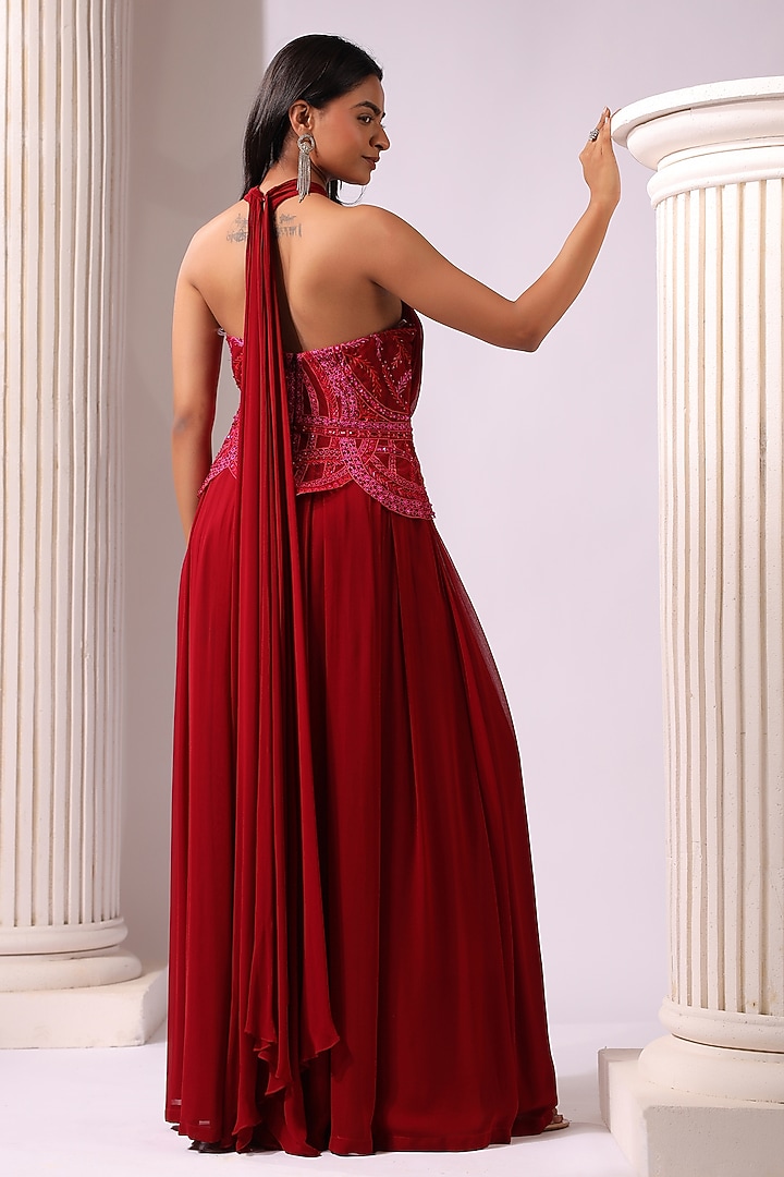 Red Georgette Sequins Embroidered Draped Party Wear Gown by K-ANSHIKA Jaipur at Pernia's Pop Up Shop